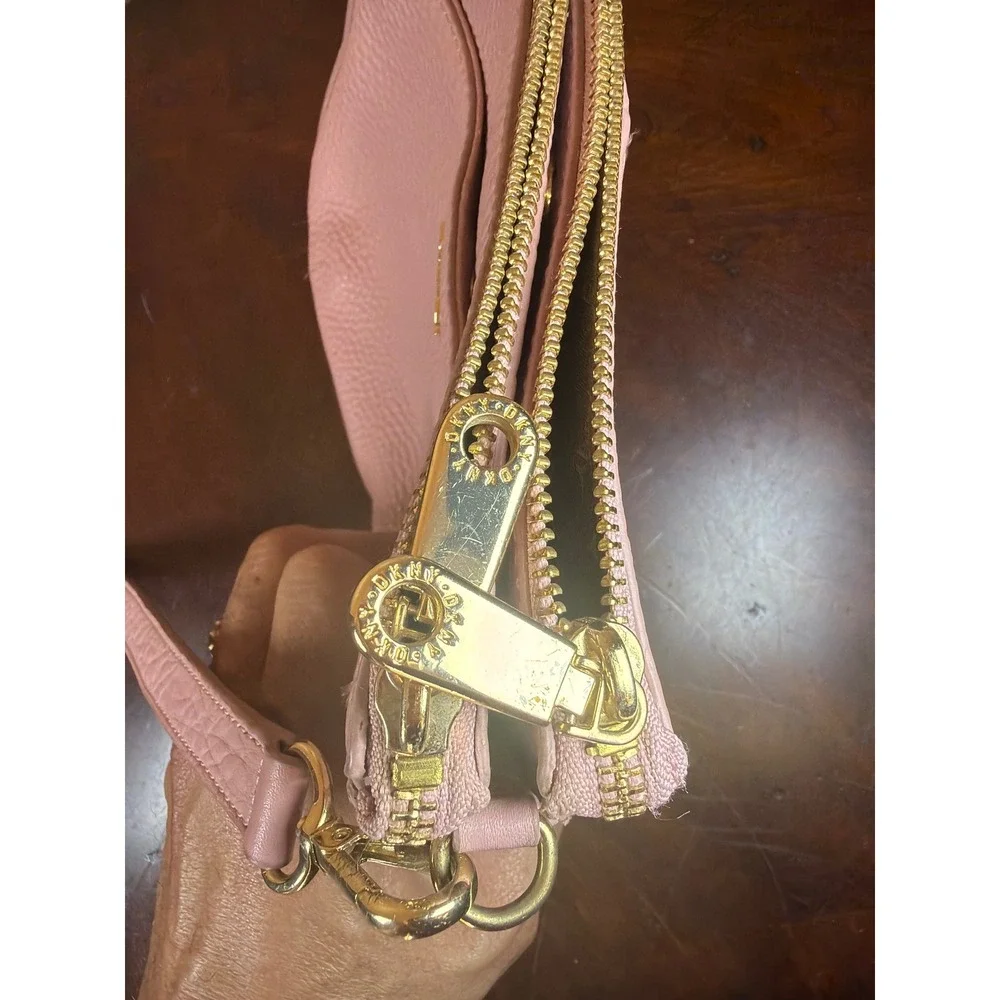 DKNY Pink Pebbled Leather Crossbody Bag Multi Zip Shoulder Purse Gold Hardware‎